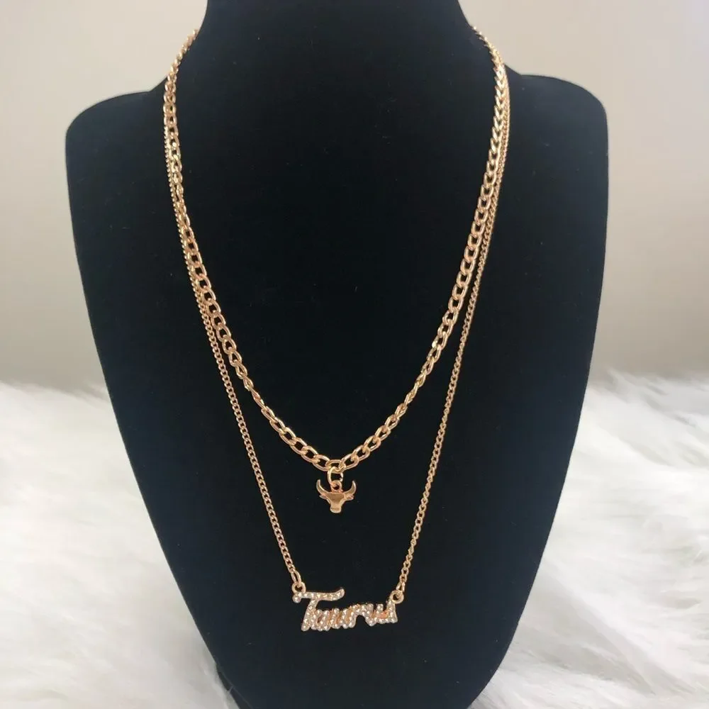 18 K Gold Plated Double Layer Diamond Taurus Zodiac Sign‎ Necklace